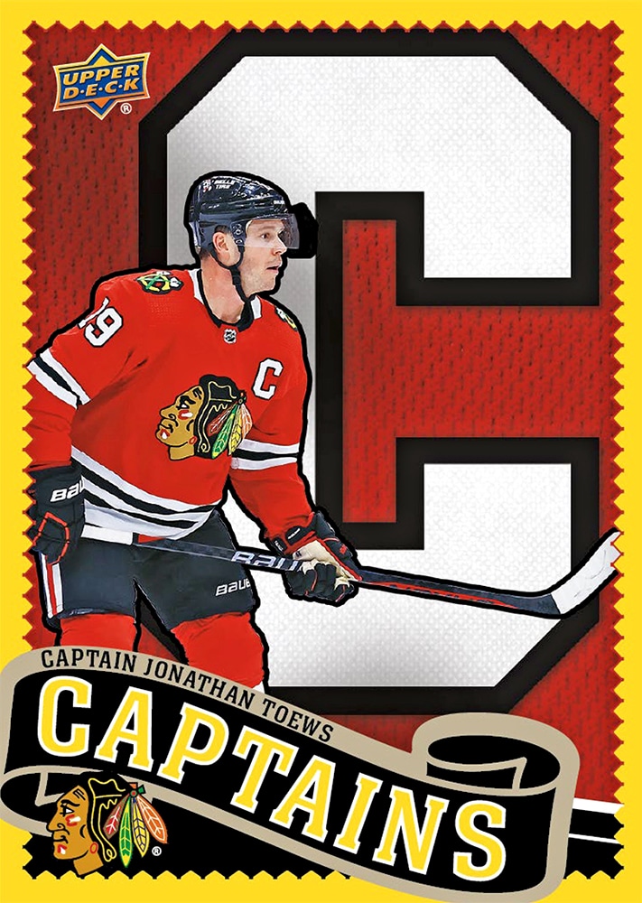 Jonathan Toews Captains Yellow preview with a giant white C, red sweater and yellow printed border.