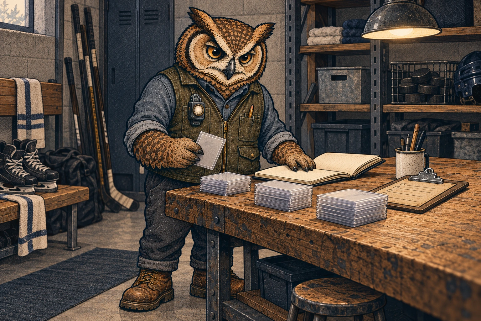 A tawny owl in an olive vest sorts blank card sleeves at a wooden workbench beside an open notebook and clipboard, with hockey sticks and skates nearby.