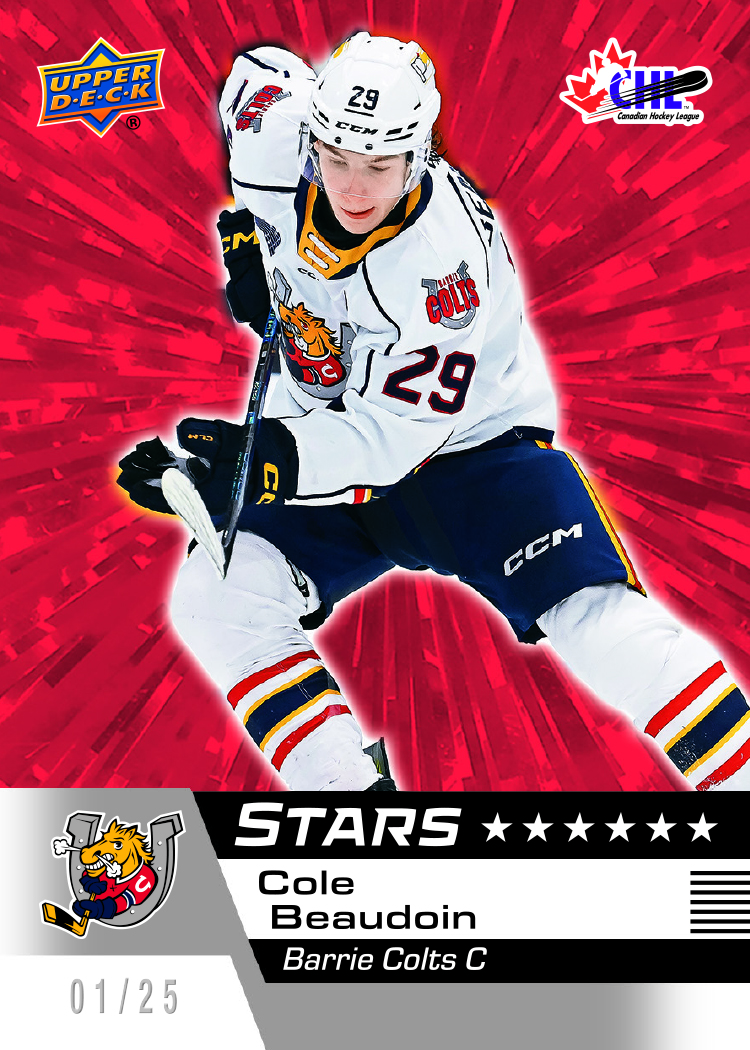 Cole Beaudoin Stars Red Outburst preview with a vivid red radial background and 01/25 numbering.