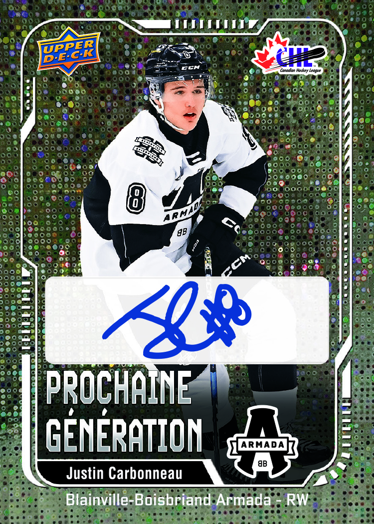 Justin Carbonneau Prochaine Generation Auto preview with a speckled foilboard background, white frame and blue signature.