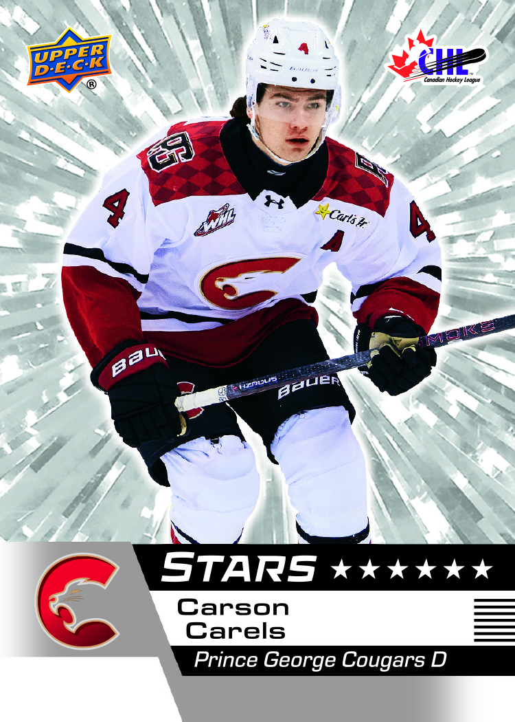 Carson Carels Stars Outburst preview with a silver radial background and white Prince George Cougars uniform.