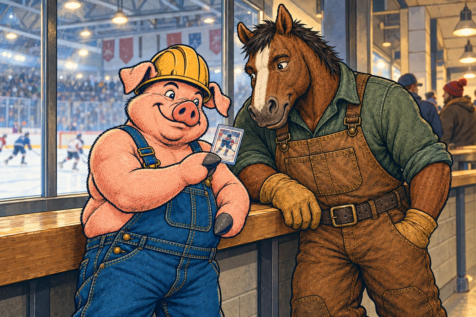 Hammy shows Clyde a sleeved hockey card beside the rink at a junior-hockey arena.