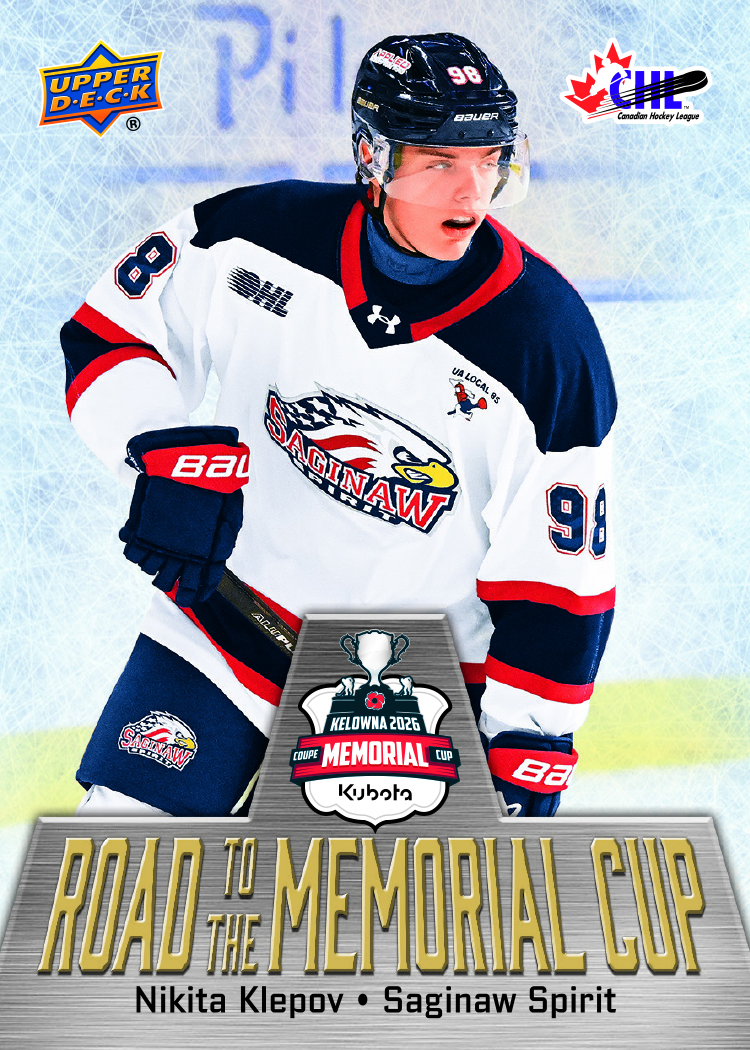 Nikita Klepov Road to the Memorial Cup preview with Saginaw Spirit uniform, pale ice texture and Kelowna 2026 tournament crest.