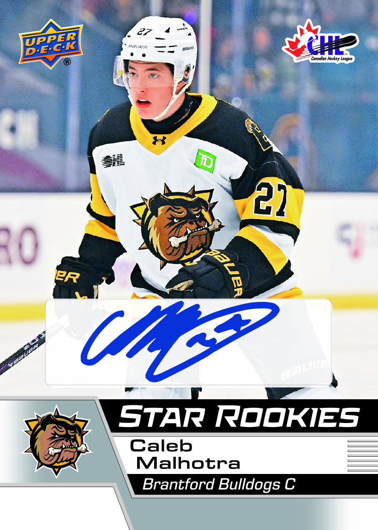 Caleb Malhotra Star Rookies autograph preview in a white, black and yellow Brantford Bulldogs uniform, with blue signature panel.