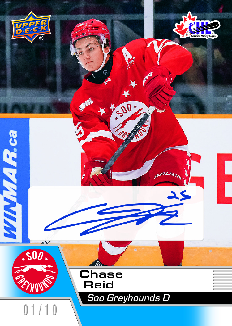 Chase Reid Blue Auto preview with a red Soo Greyhounds uniform, blue lower panel and 01/10 numbering.