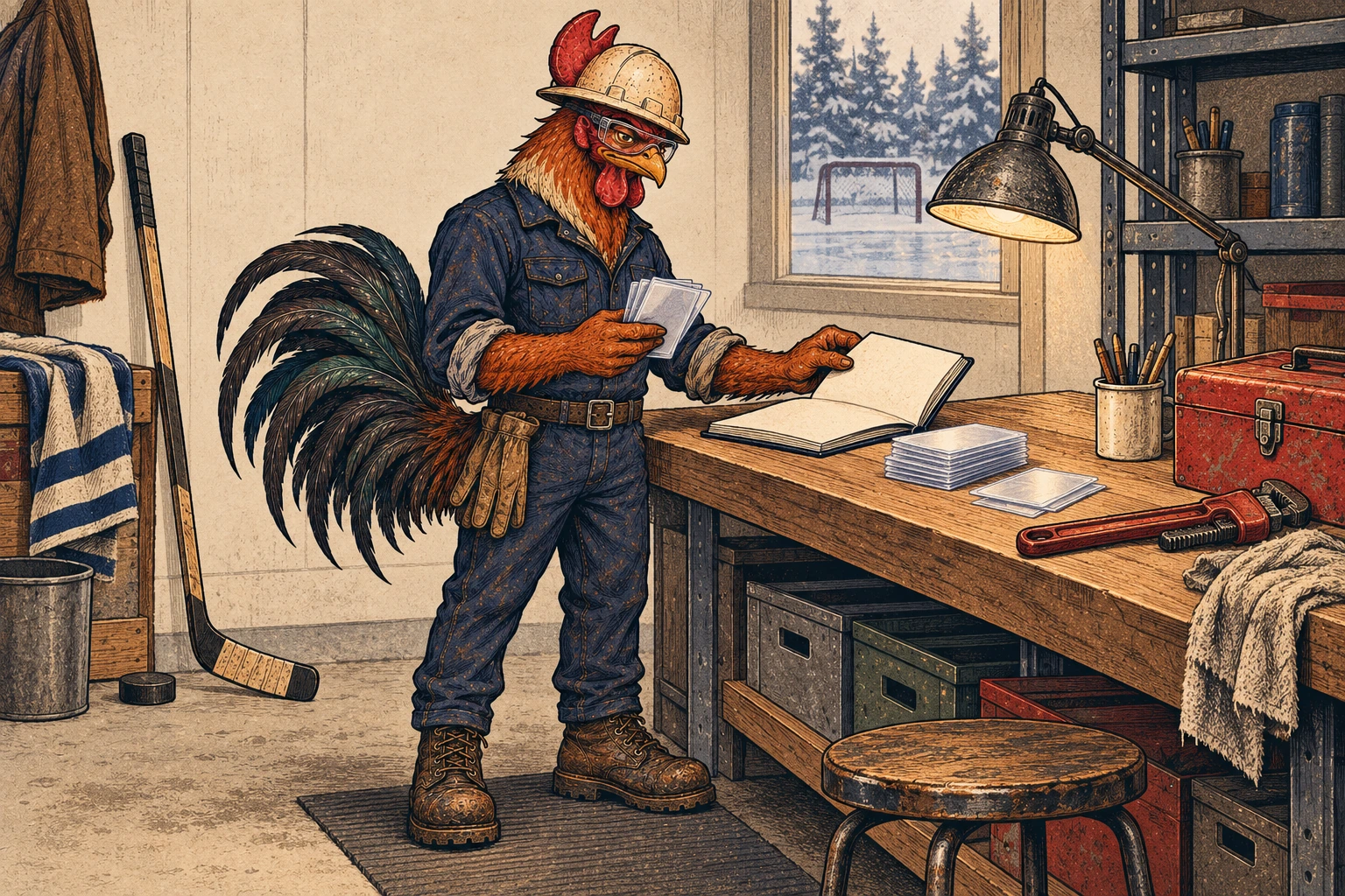 A russet-and-cream rooster in an off-white hard hat, safety glasses, navy coveralls, and work boots sorts blank card sleeves beside an open blank notebook at a workbench. A pipe wrench rests on the bench, with a hockey stick and puck nearby.