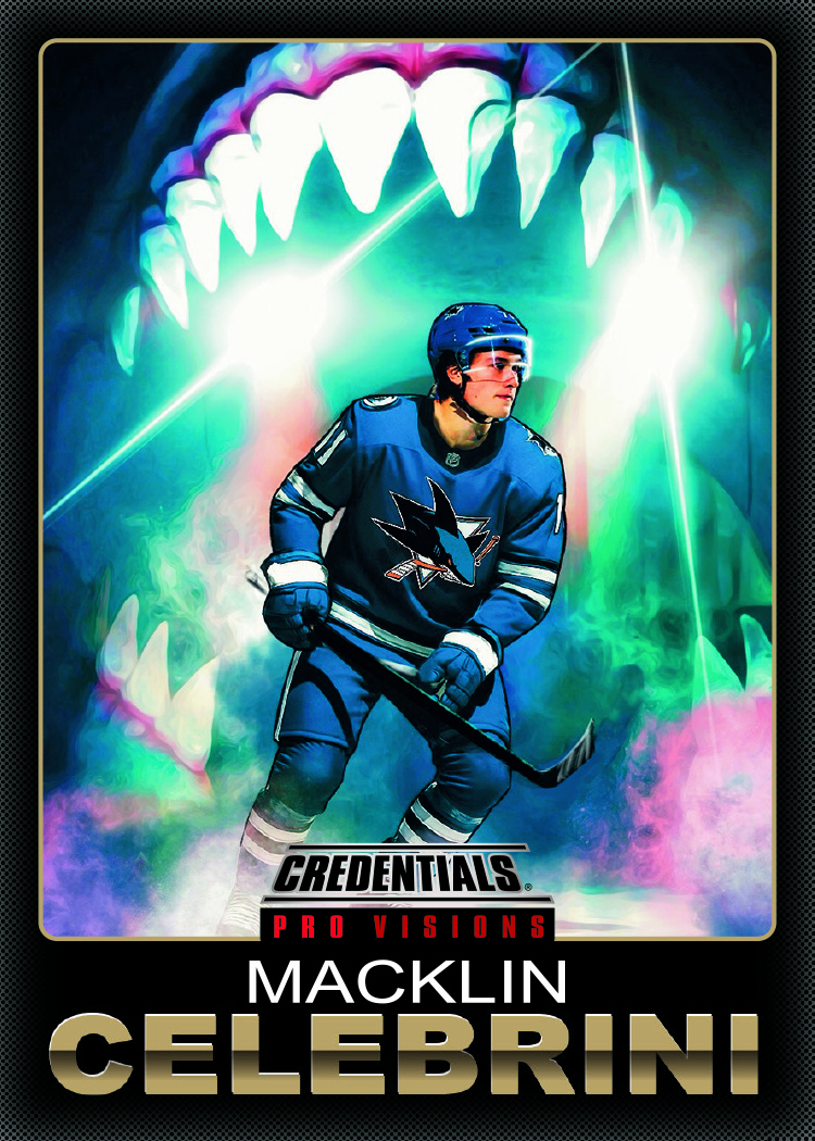Macklin Celebrini skating beneath enormous shark teeth in teal light and violet mist.