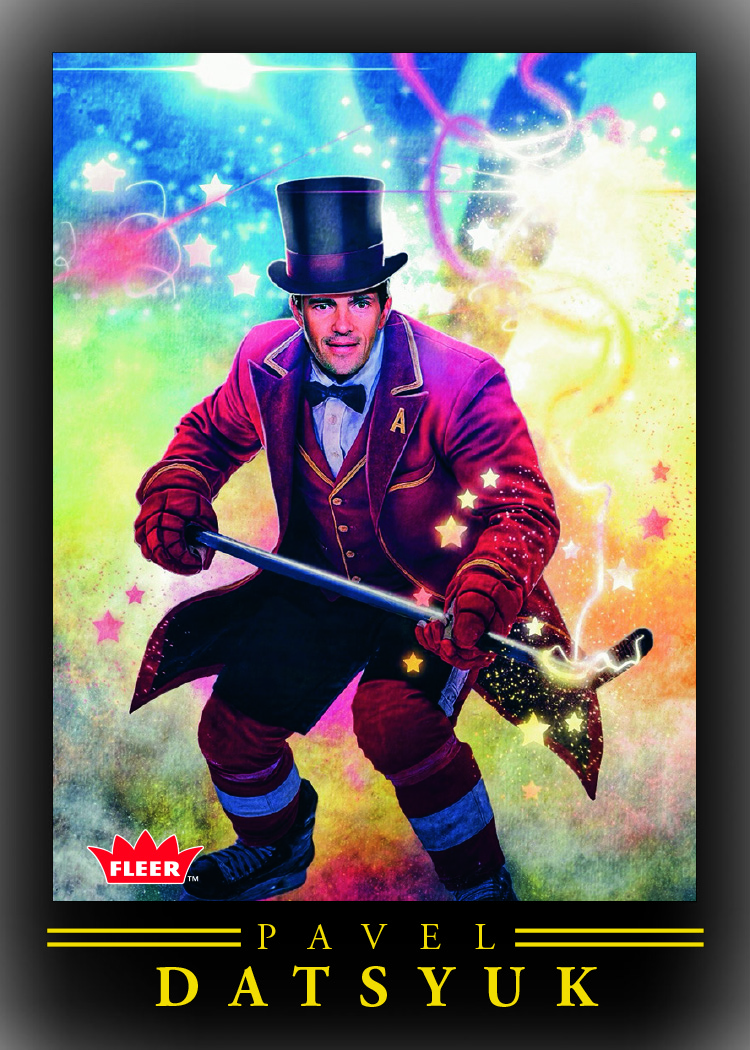 Pavel Datsyuk dressed in a top hat and burgundy tailcoat, with skates and a hockey stick amid colorful stars.