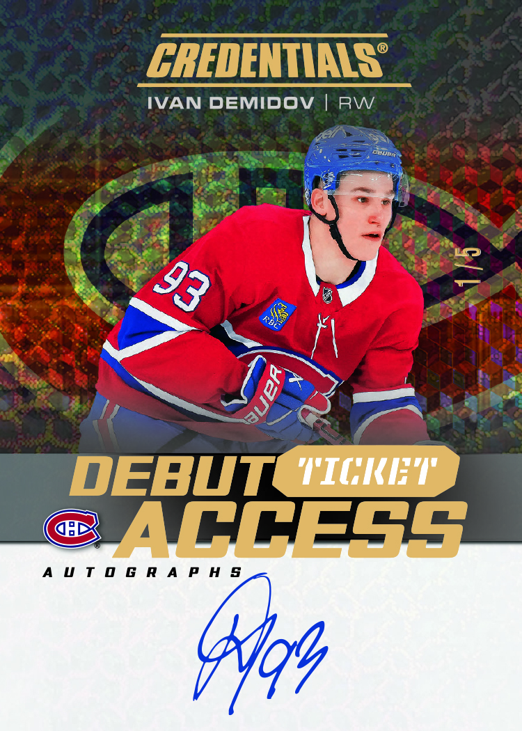 Ivan Demidov in a red Canadiens jersey above a broad white autograph panel, with gold Credentials lettering and 1/5 numbering.