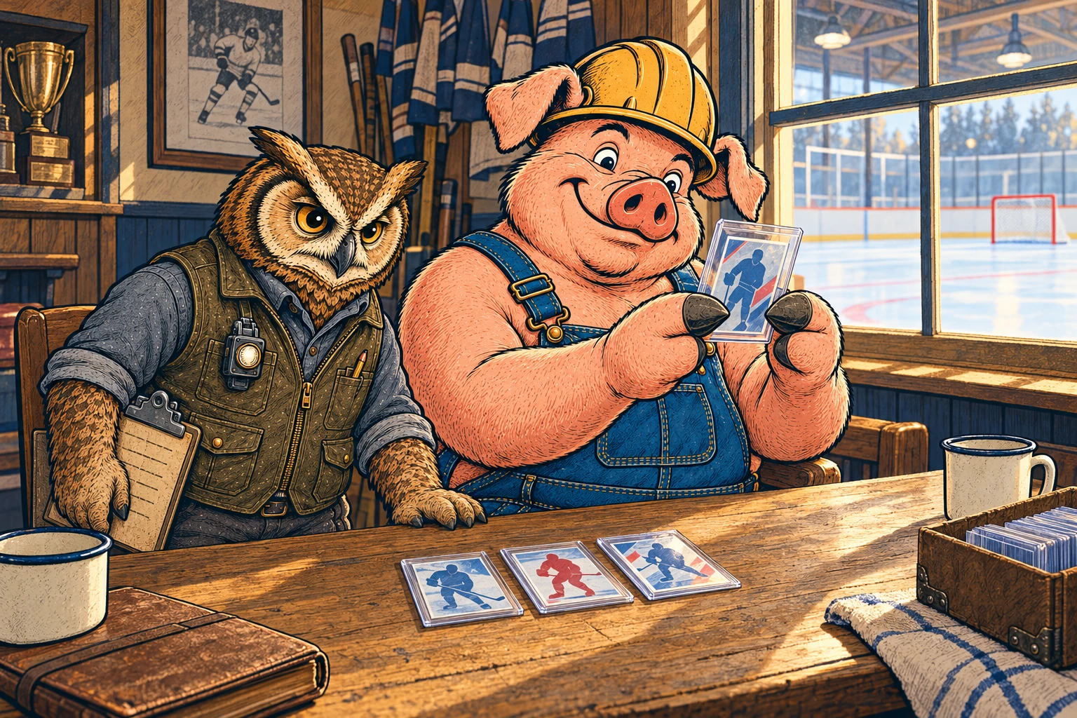 Hammy and Lemmy examining hockey cards at a wooden table beside a rink window.