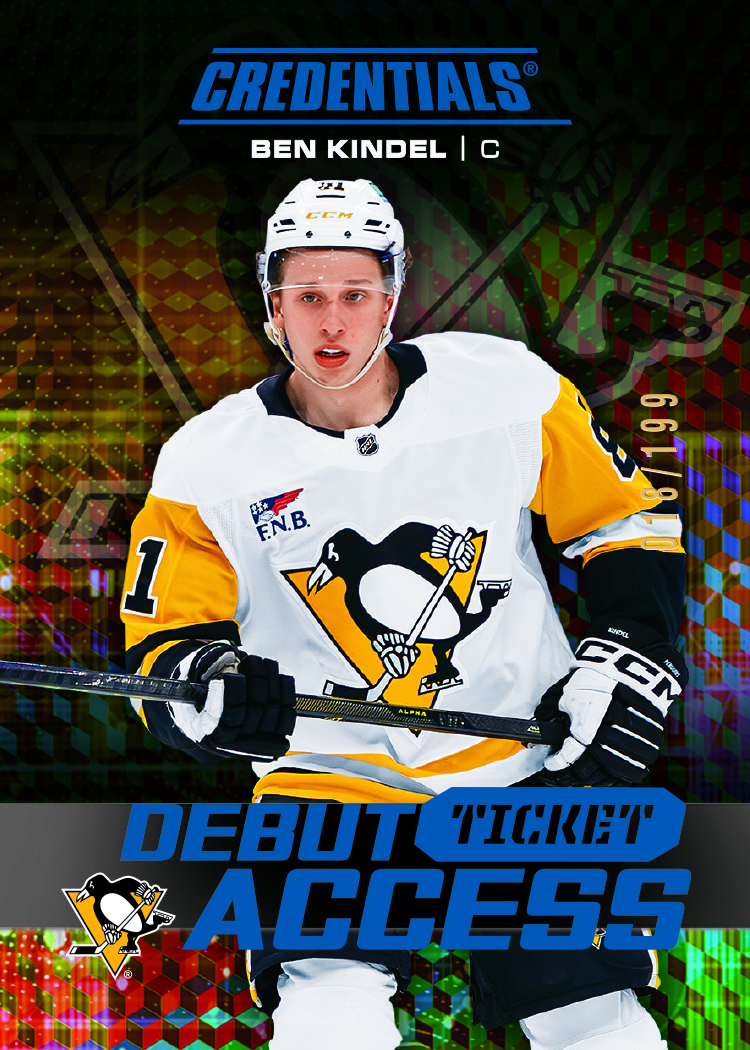 Ben Kindel's Blue Debut Ticket Access rookie preview, with a white-and-yellow Pittsburgh uniform and blue title lettering.