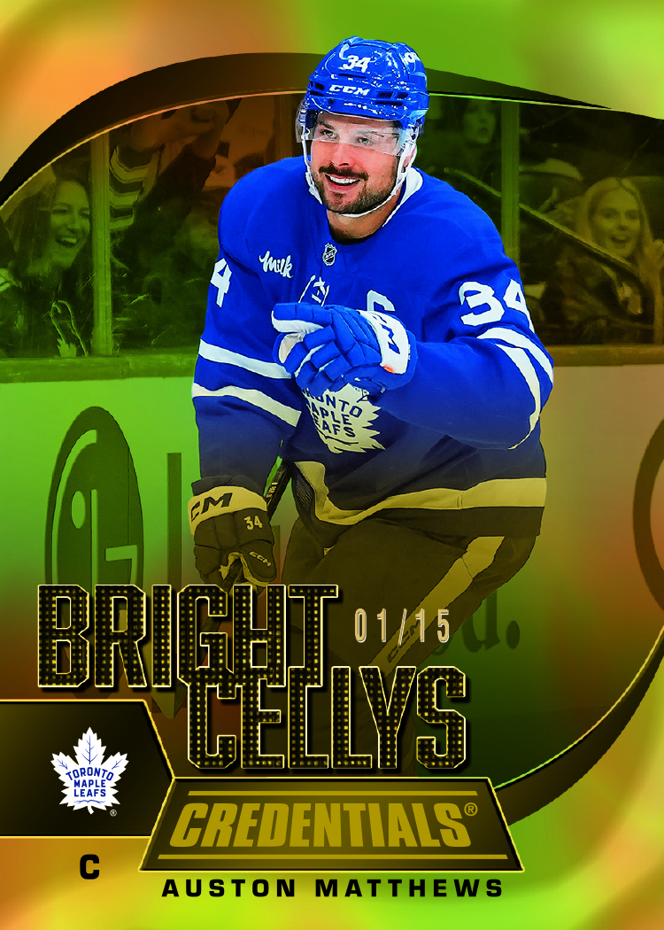 A smiling Auston Matthews in a blue Maple Leafs jersey on his Bright Cellys Gold preview, numbered 01/15.