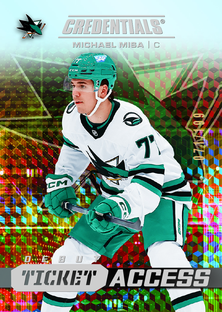 Michael Misa's Acetate Debut Ticket Access preview, with teal equipment, a white Sharks jersey and a narrow silver-and-black title strip.