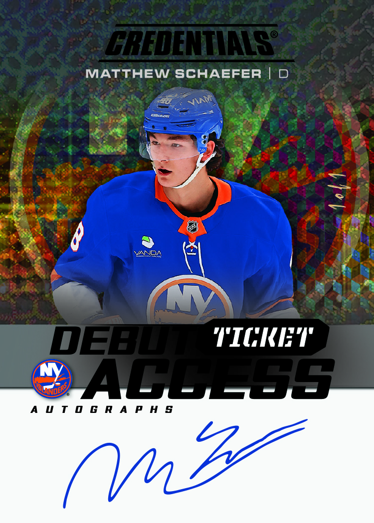 Matthew Schaefer 2025–26 Credentials Debut Ticket Access Black 1/1 autograph preview.