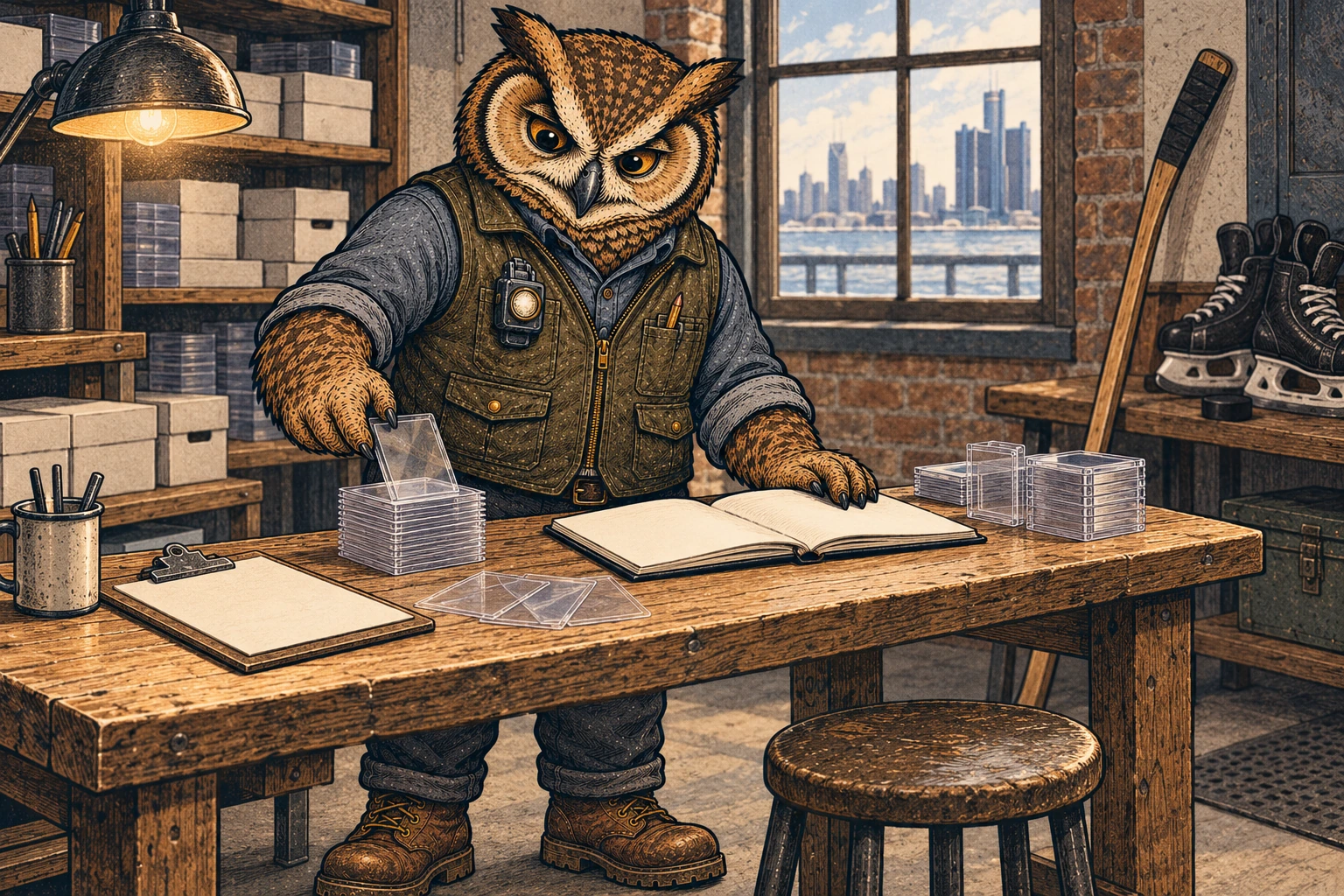 A tawny and charcoal owl in an olive vest, slate shirt, work trousers and boots sorts clear card sleeves beside a blank open notebook on a wooden workbench, with hockey skates and a stick nearby.