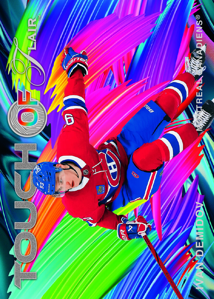 Ivan Demidov Touch of Flair preview with a red Canadiens uniform across vivid pink, blue, violet and green strokes.