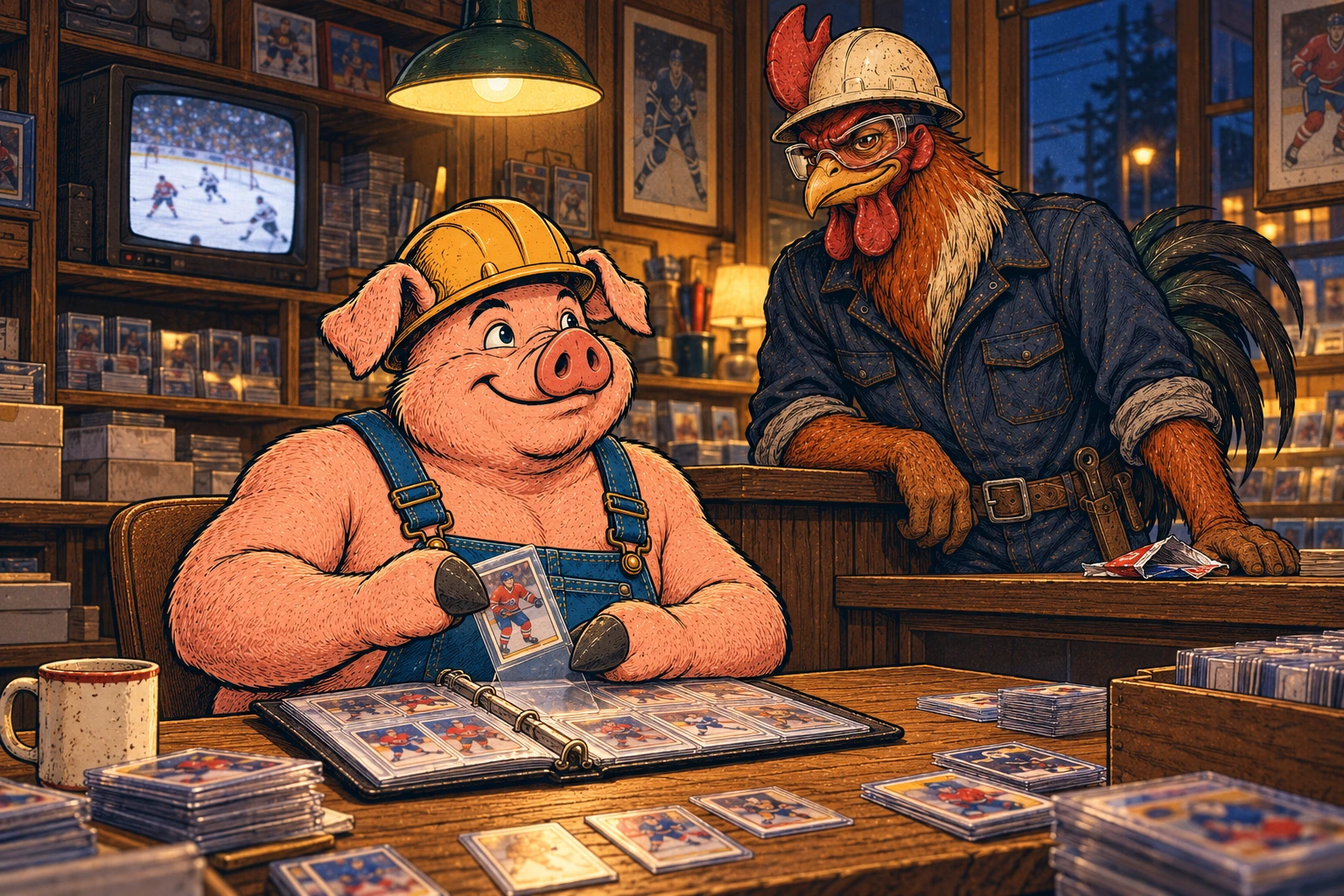 Hammy places a protected hockey card in an album while Riggs leans on the card-shop counter and a hockey game plays on a small television.