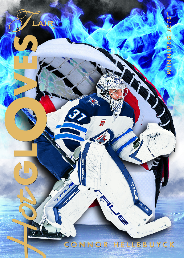 Connor Hellebuyck Hot Gloves preview with a giant catching glove behind his white and blue Jets equipment.