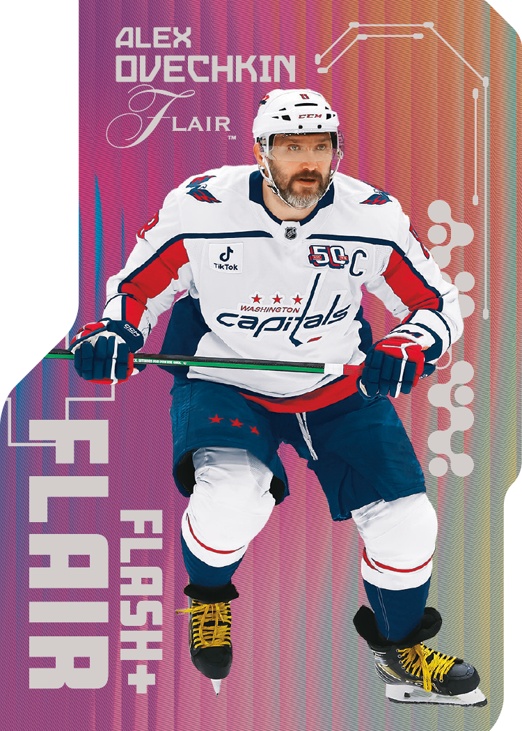 Alex Ovechkin Flair preview in a white Capitals sweater against a pink and orange patterned background.