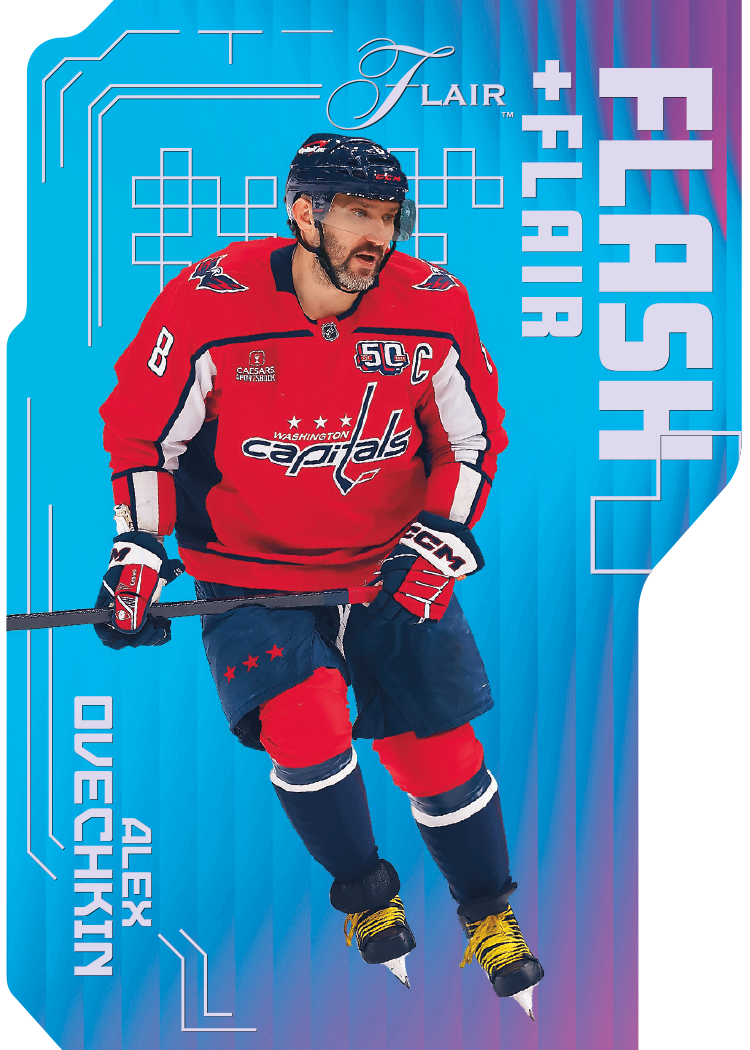 Alex Ovechkin Flash preview in a red Capitals sweater against cyan geometric graphics.