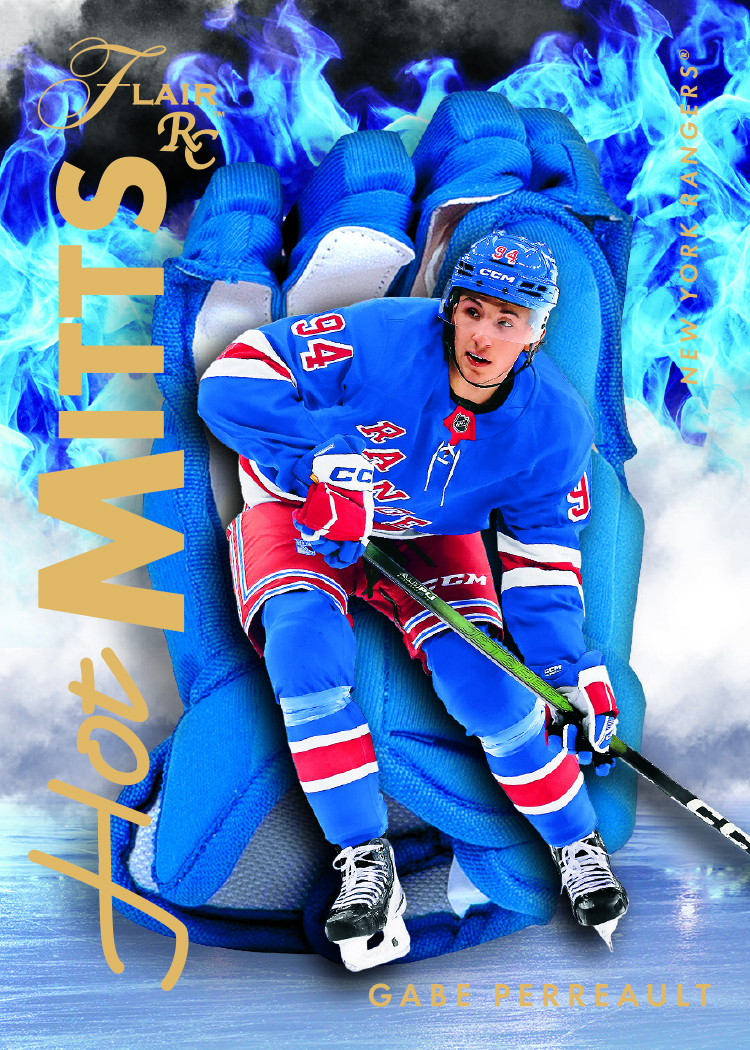 Gabe Perreault Hot Mitts rookie preview with a large blue glove, blue flames and Rangers uniform.