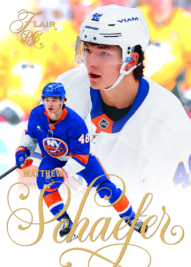 Matthew Schaefer Flair rookie preview with a large white-uniform portrait, smaller blue-uniform action photograph and sweeping gold surname.