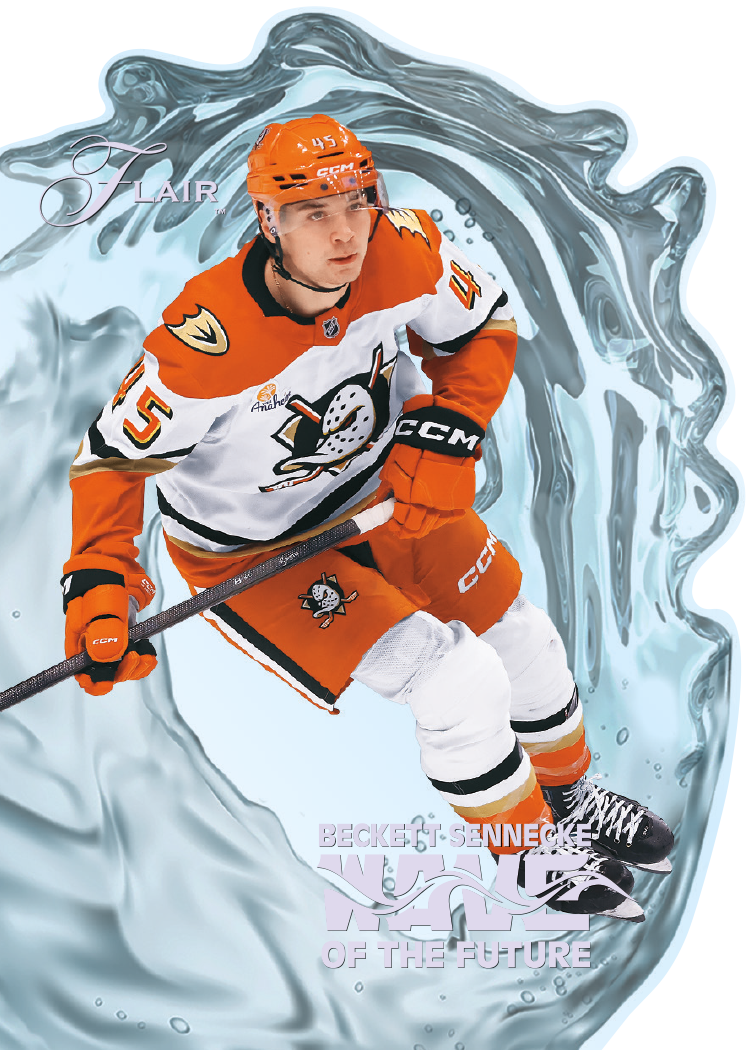 Beckett Sennecke Wave of the Future preview with white and orange Ducks uniform surrounded by a pale blue water-splash design.