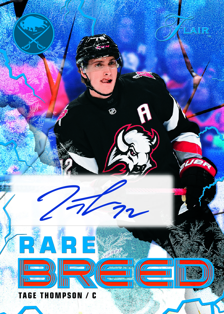 Tage Thompson Rare Breed autograph preview with a black Buffalo sweater, pale signing panel and blue fractured background.