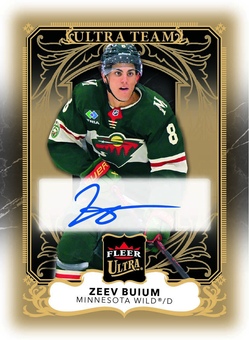Zeev Buium Ultra Team Gold Auto preview, with a black-and-gold ornamental frame around his Minnesota photograph and blue signature.