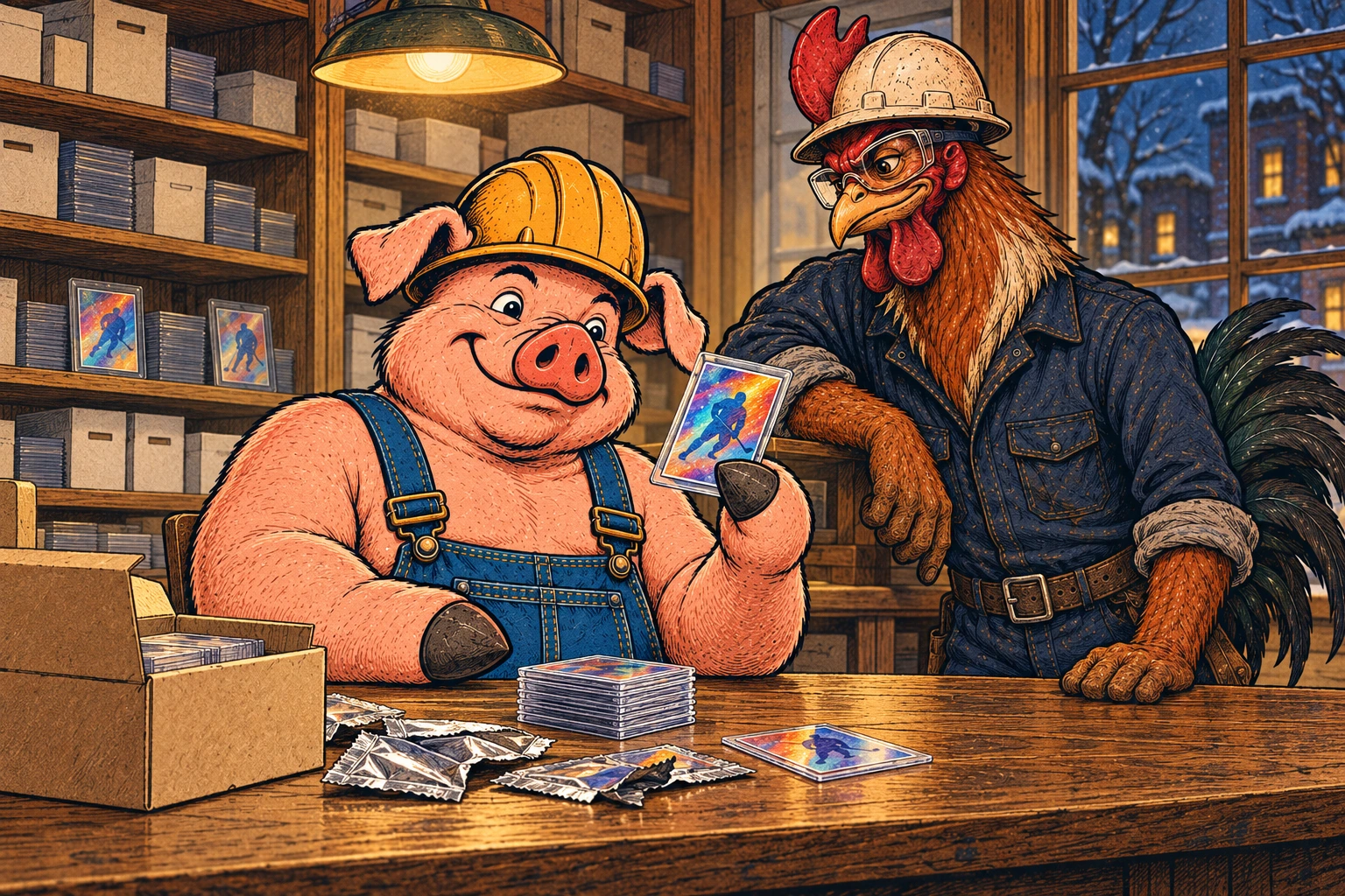 Hammy admires a protected hockey card at the shop counter while Riggs leans nearby, surrounded by opened packs and neatly stacked cards.