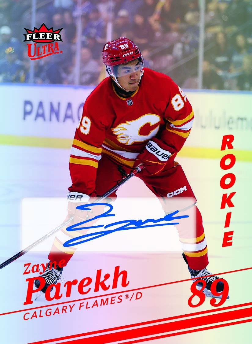 Zayne Parekh Red Rainbow Foil Auto preview with Calgary red uniform, red lettering and blue autograph across a pale lower panel.