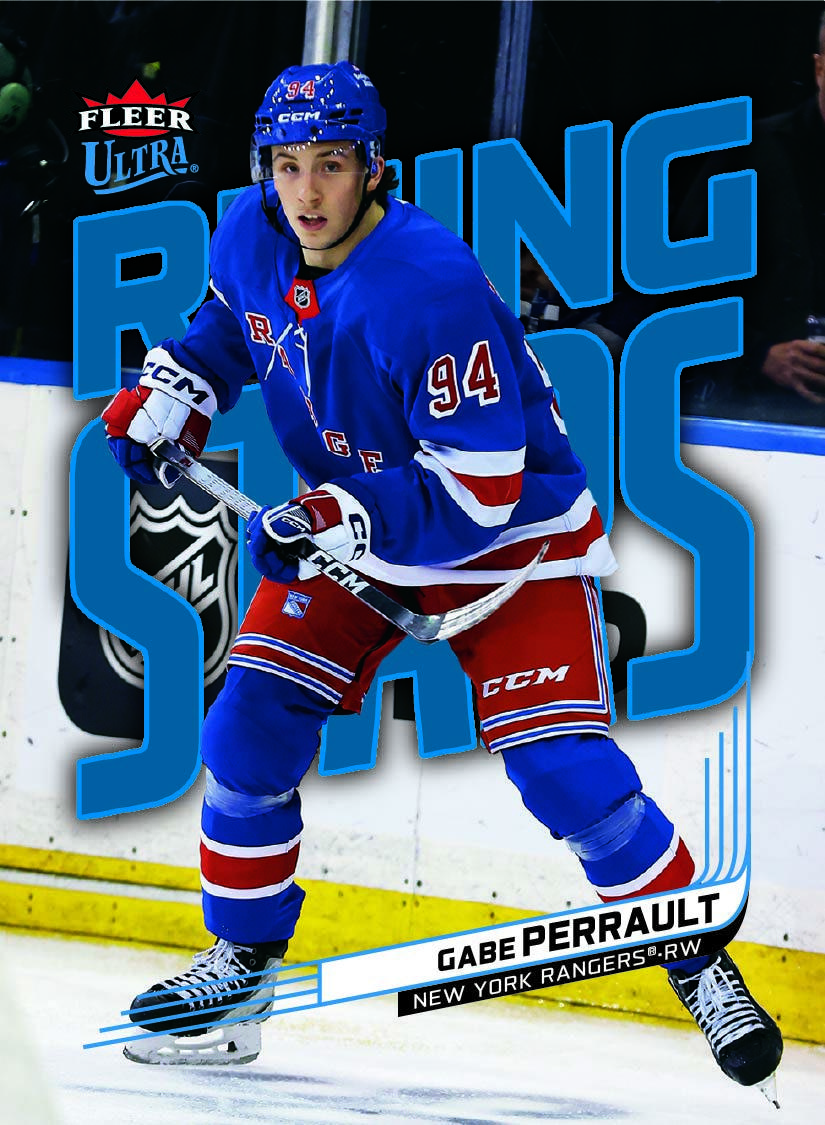 Gabe Perreault Blue Rising Stars preview in Rangers blue, with oversized blue Rising Stars lettering behind him.