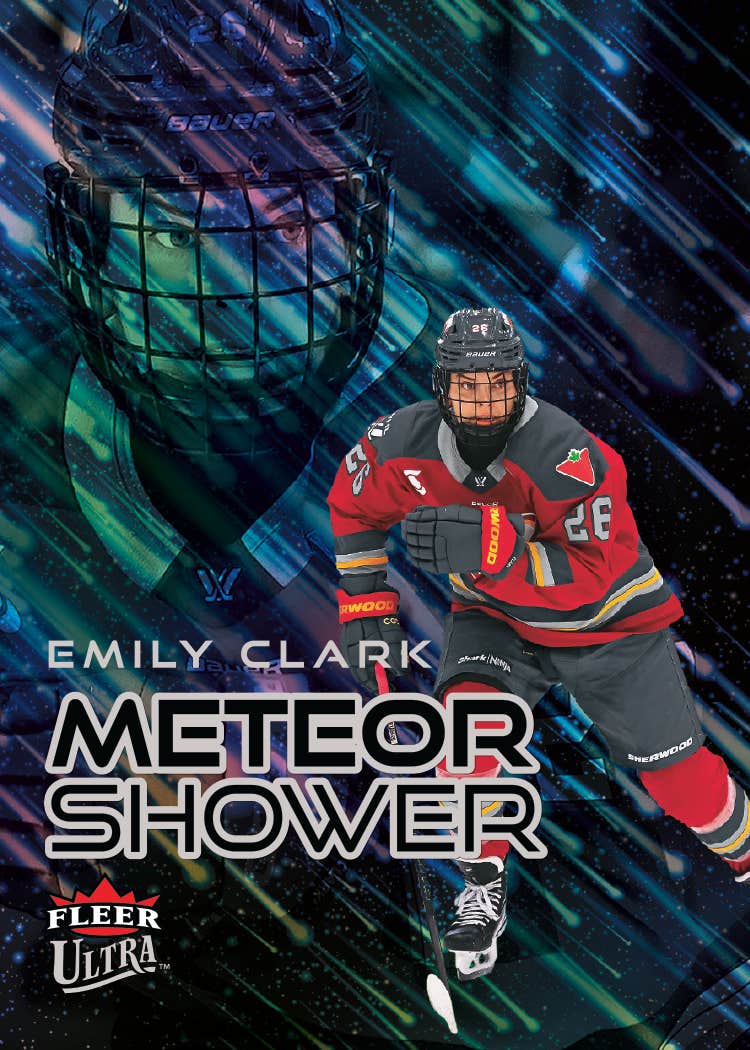 Emily Clark Meteor Shower preview with a large portrait, skating photograph and diagonal blue-green streaks.