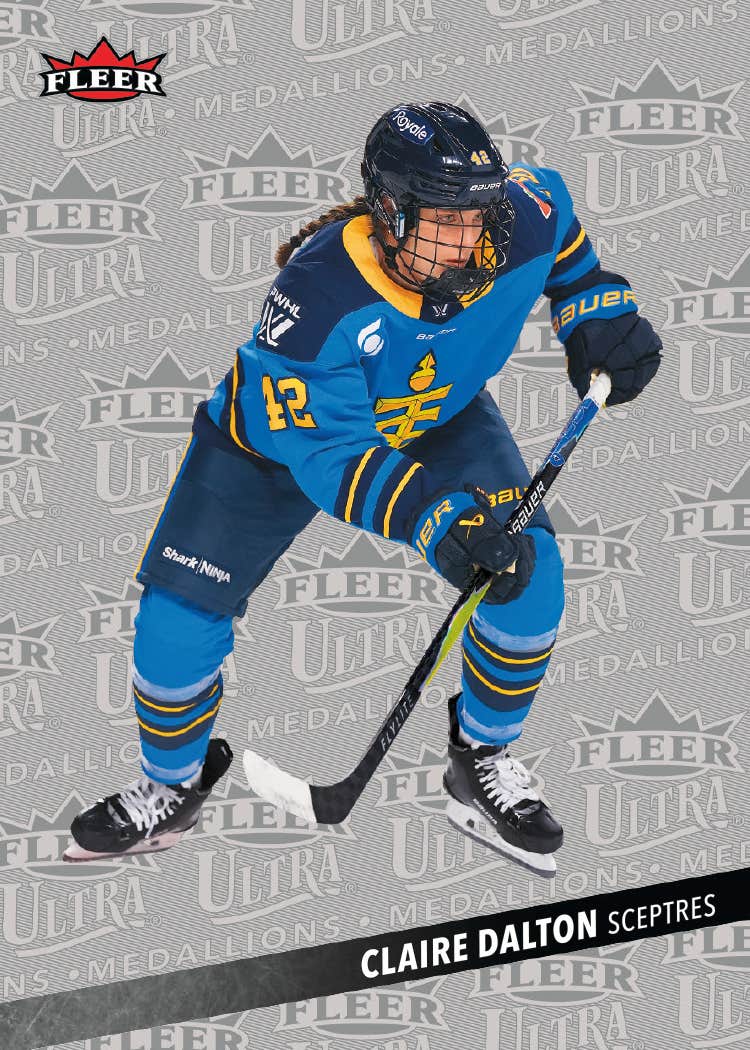 Claire Dalton Medallions preview with Toronto blue and yellow against a repeated silver Fleer Ultra pattern.