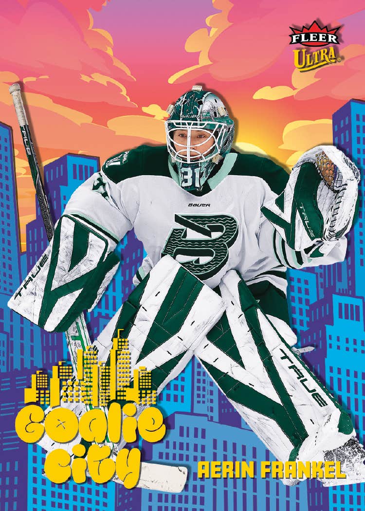 Aerin Frankel Goalie City preview against blue buildings, yellow lettering and a pink-orange sunset.