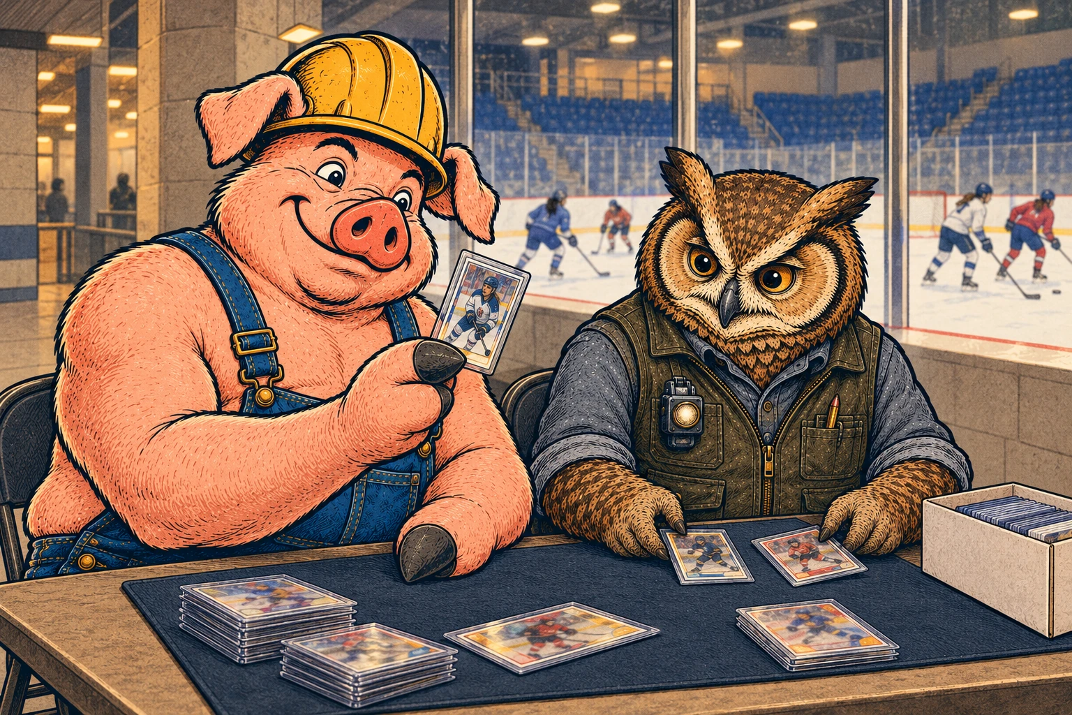 Hammy and Lemmy compare sleeved hockey cards at an arena concourse table beside the rink.