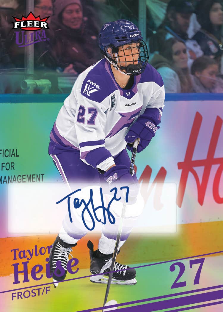 Taylor Heise Rainbow autograph preview with blue ink, Minnesota purple and white, and a rainbow background.