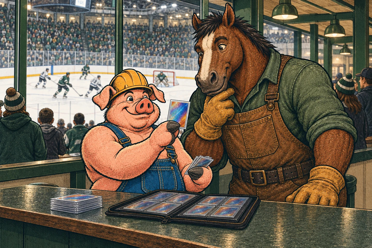 Hammy and Clyde look at hockey cards beside an ice rink.