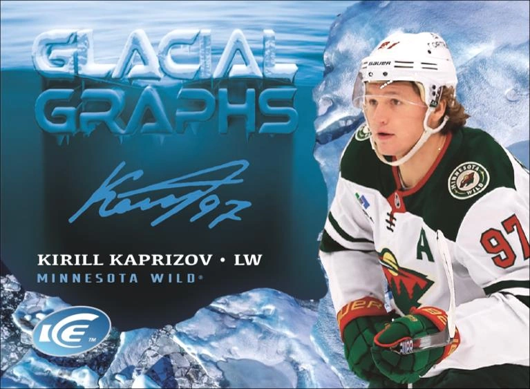 Kirill Kaprizov Glacial Graphs preview with a blue autograph beside his Minnesota photograph.