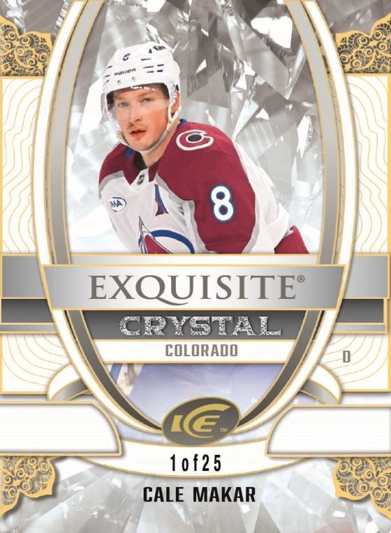 Cale Makar Exquisite Crystal /25 preview, with a white-and-gold frame and faceted background.