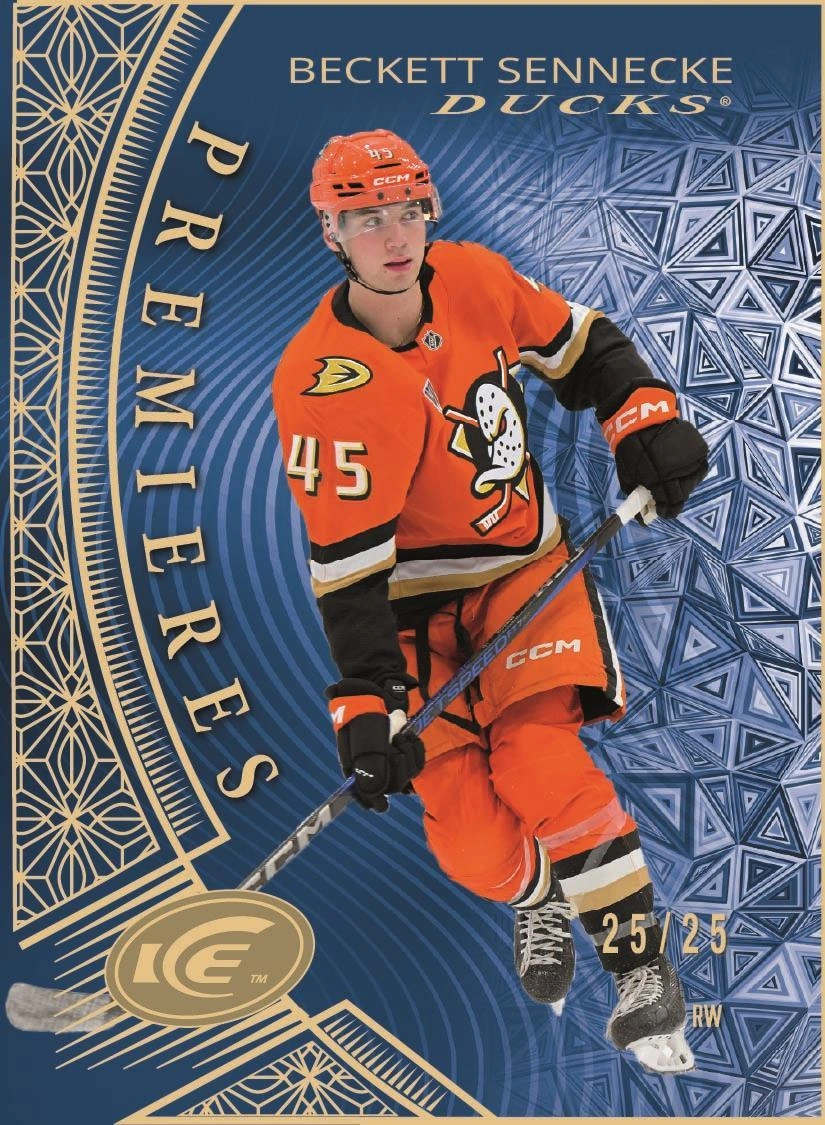 Beckett Sennecke Ice Premieres Gold /25 manufacturer preview from 2025–26 Upper Deck Ice Hockey.
