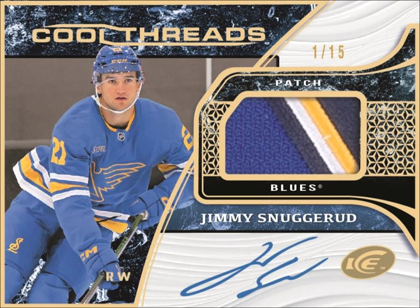Jimmy Snuggerud Cool Threads Auto Patch /15 preview showing his St. Louis photograph, a multicolor patch and a blue autograph.