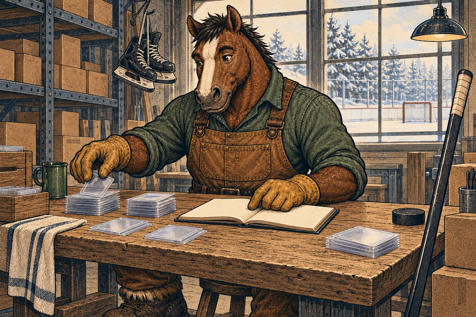 A broad bay draft horse in a green shirt, brown canvas overalls, and gloves sorts clear card sleeves at a wooden workbench while checking a blank notebook. Hockey skates, a rink, a stick, and a puck appear in the background.