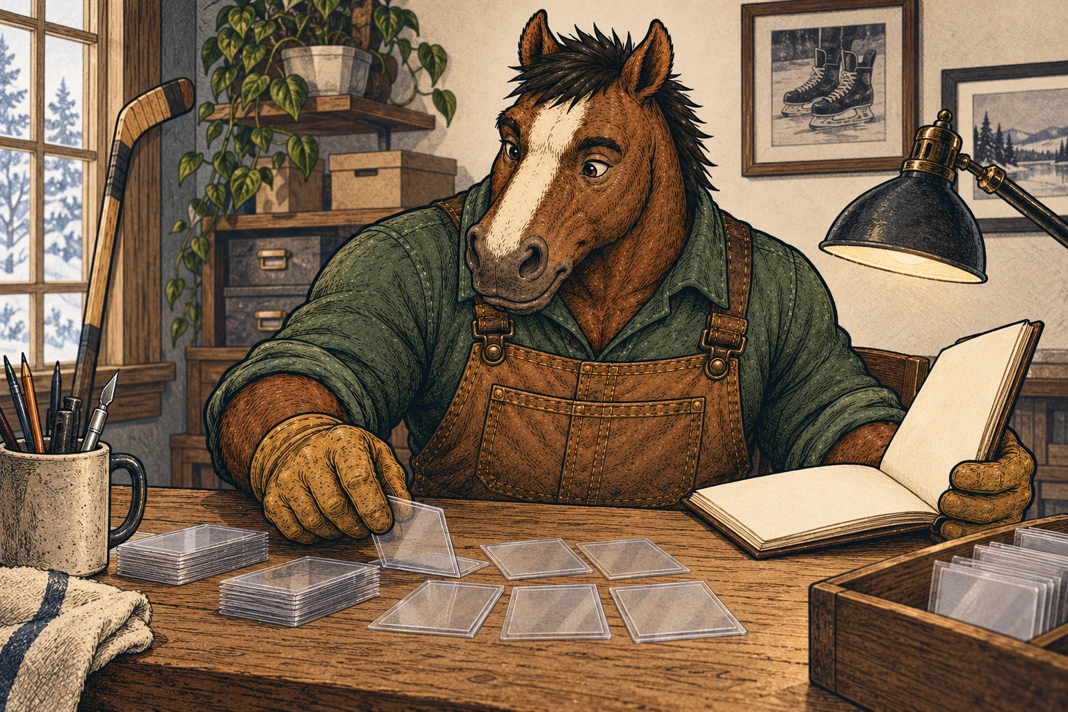 A broad dark bay horse with a cream blaze, green shirt, brown canvas bib trousers, and work gloves sorts clear card sleeves at a wooden desk while checking a blank notebook. A hockey stick and framed skates are in the room.