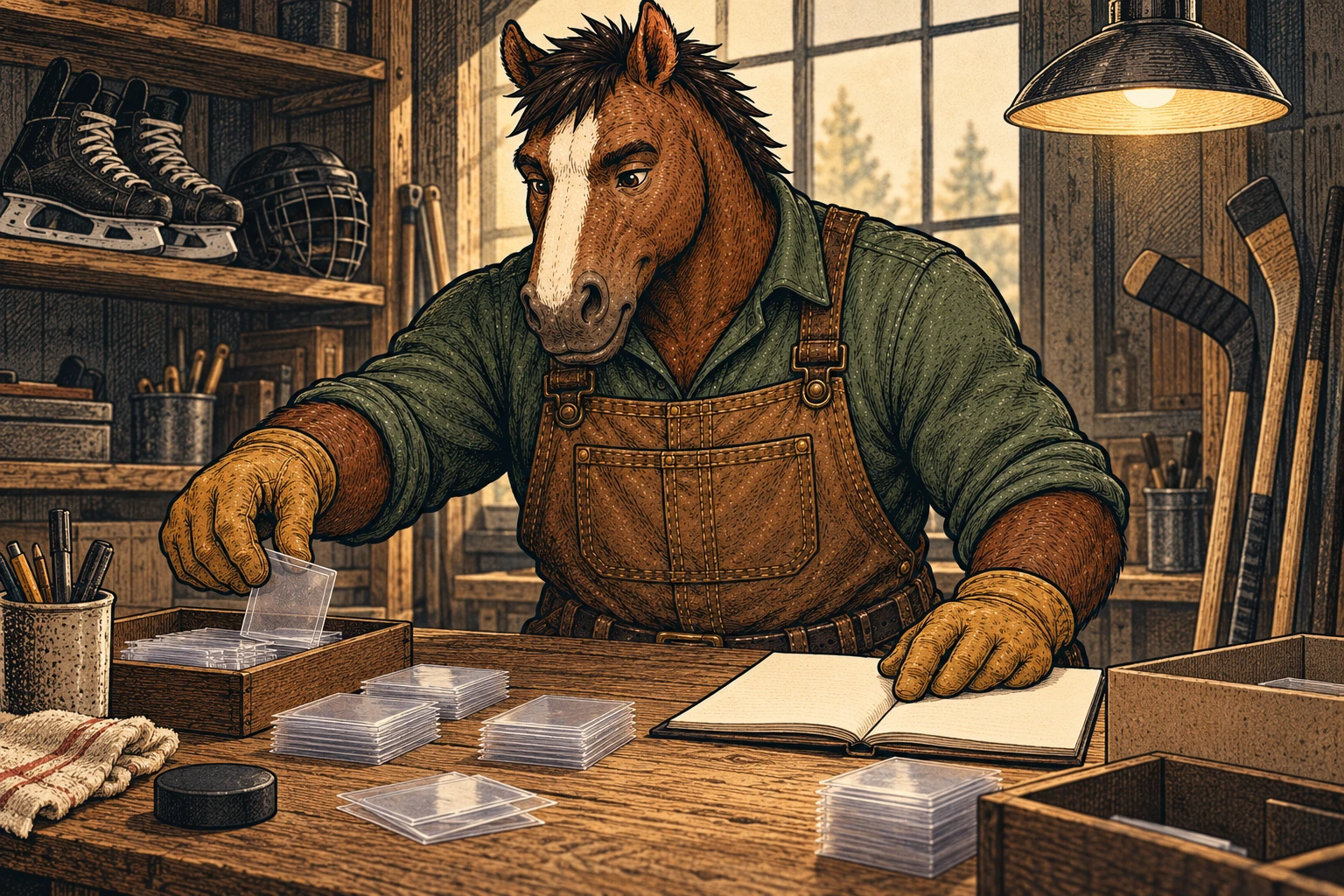 A broad dark bay horse with a cream blaze, green shirt, brown canvas overalls, and work gloves sorts clear card sleeves beside a blank notebook in a hockey workshop.