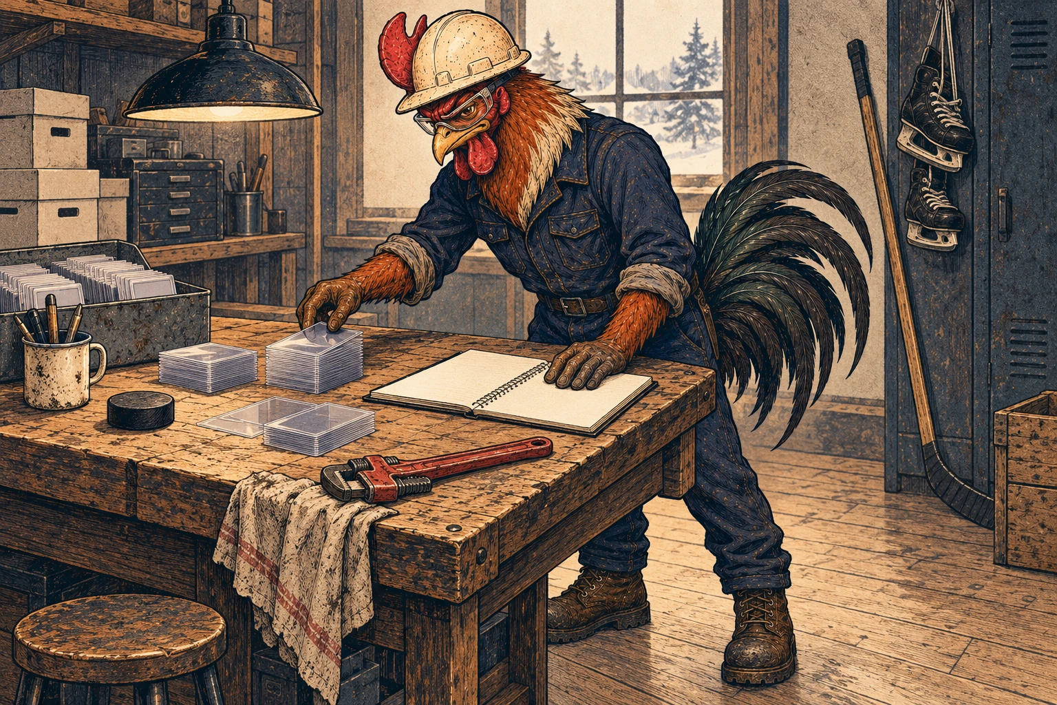 A russet and cream rooster in a hard hat, safety glasses, and navy coveralls sorts blank card sleeves at a workbench beside an open blank notebook. A pipe wrench rests on the table, with hockey skates and a stick nearby.