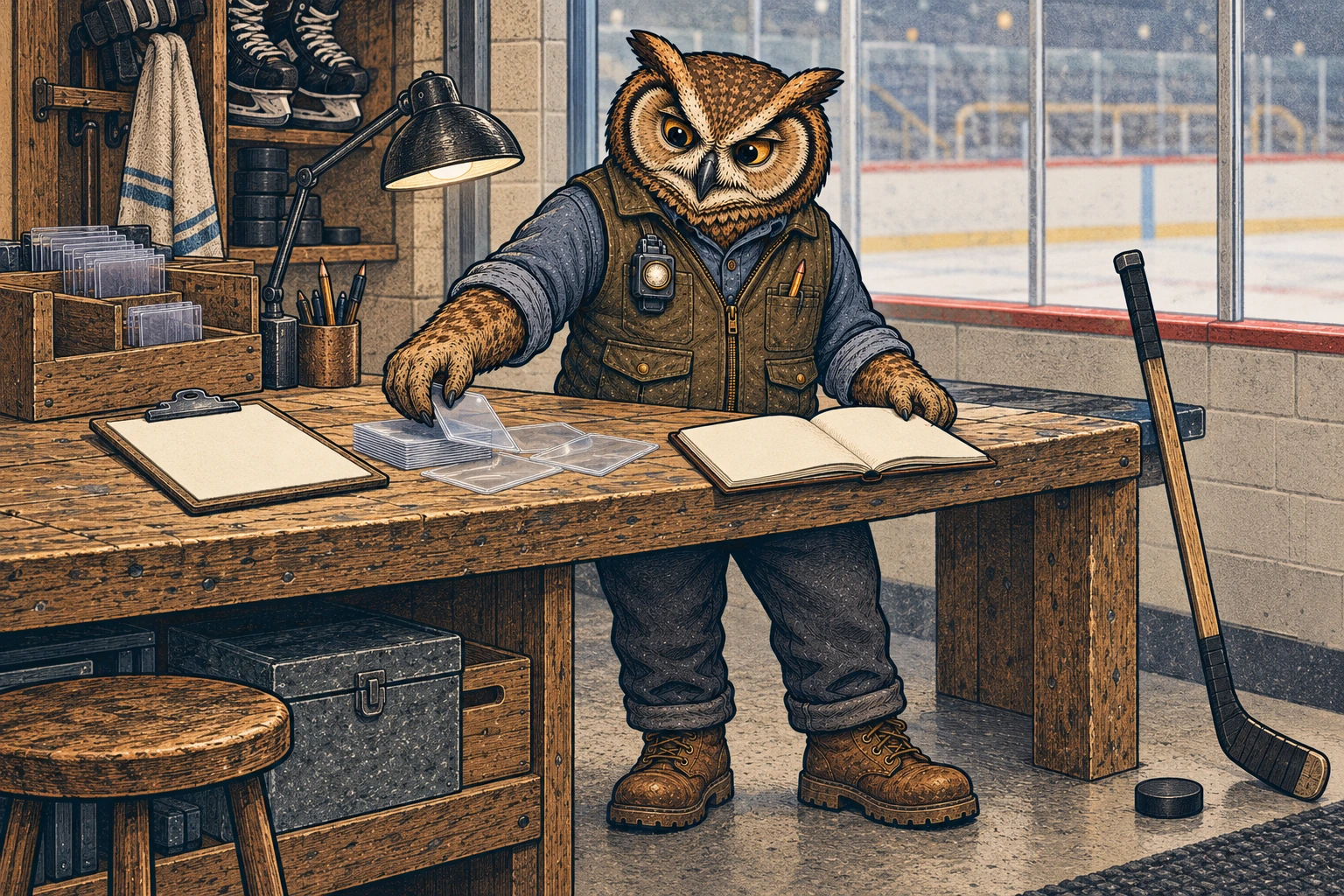 Owl analyst in an olive vest and slate shirt sorts clear card sleeves at a workbench beside a blank notebook, with a hockey rink and stick in the background.