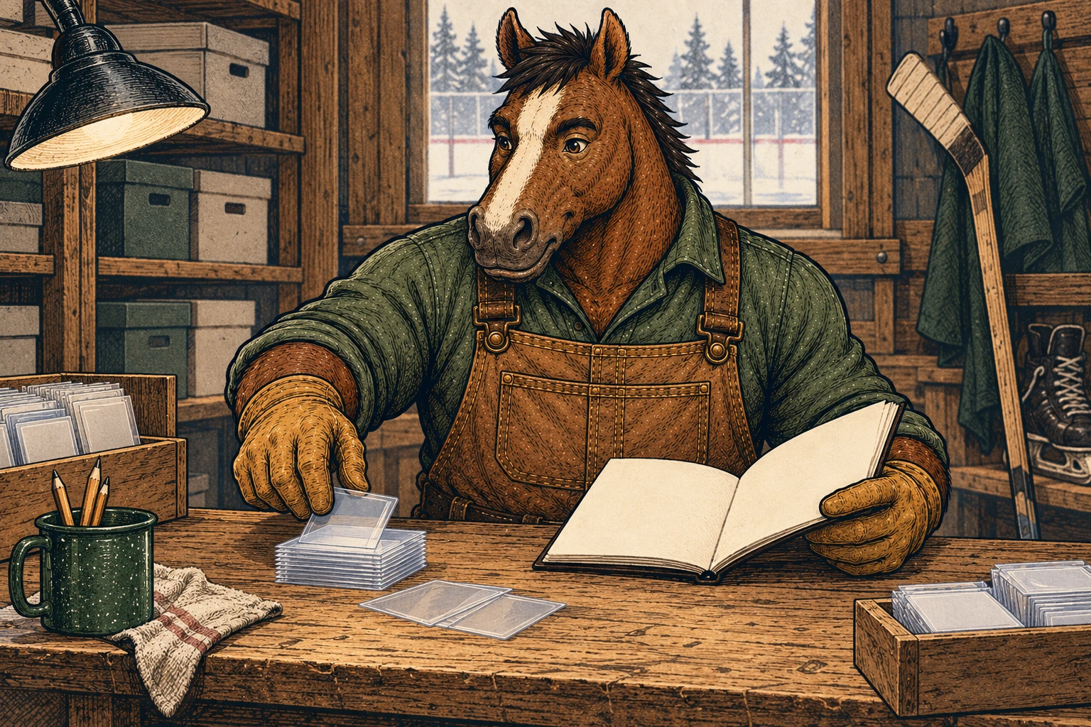 A broad, dark bay horse with a cream blaze, green shirt, brown canvas bib overalls, and work gloves sorts clear card sleeves beside a blank notebook at a hockey-themed workbench.