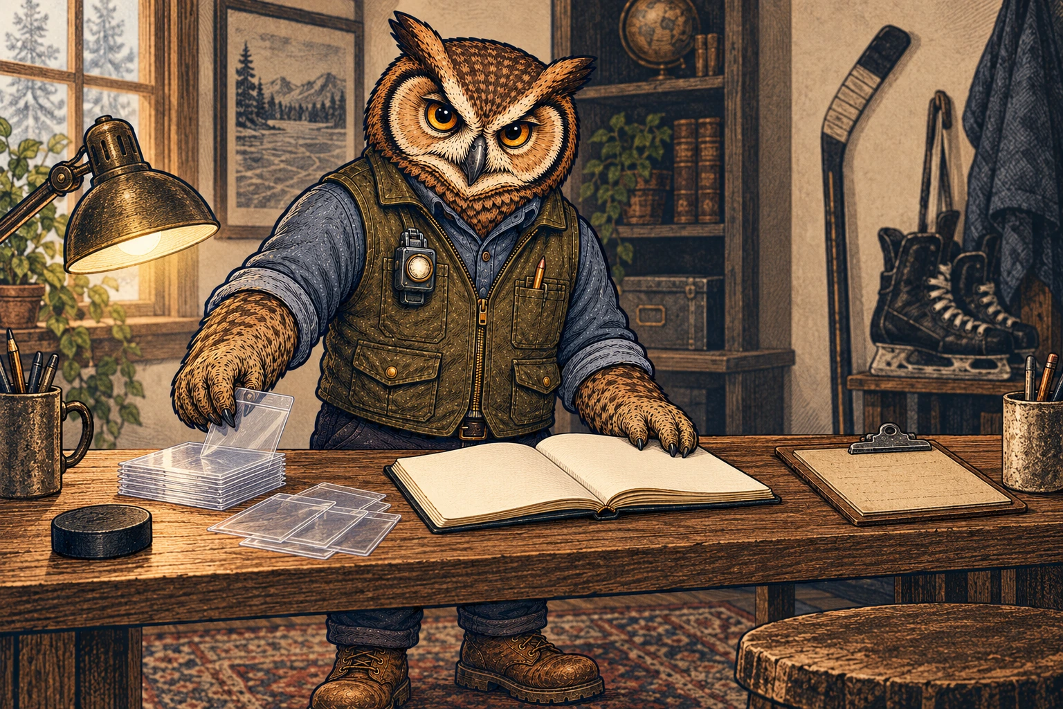 Illustrated tawny and charcoal owl in an olive vest and slate shirt sorting clear card sleeves beside a blank notebook at a wooden workbench, with hockey skates in the background.