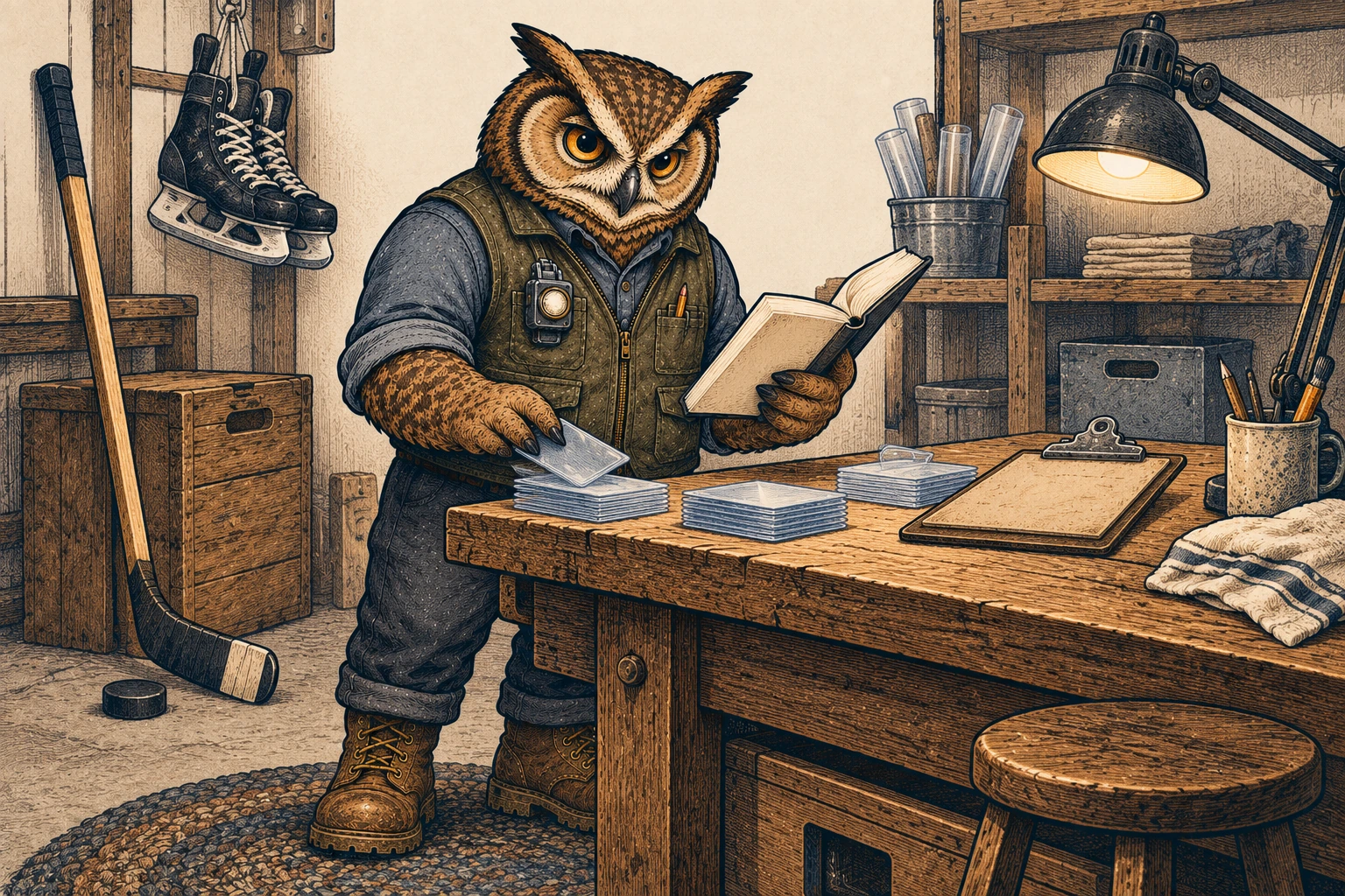 A tawny, charcoal-mottled owl in an olive vest and slate shirt sorts clear card sleeves at a wooden workbench while consulting a blank notebook. Hockey skates, a stick, and a puck suggest the setting; a blank clipboard rests on the table.